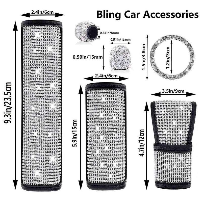 Bling Car Accessories Set, Seat Belt Covers, Rhinestones Gear Shift Cover,Handbrake Cover,Engine Sti