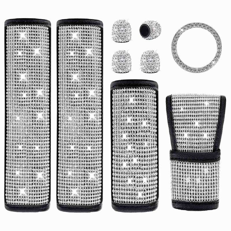 Bling Car Accessories Set, Seat Belt Covers, Rhinestones Gear Shift Cover,Handbrake Cover,Engine Sti