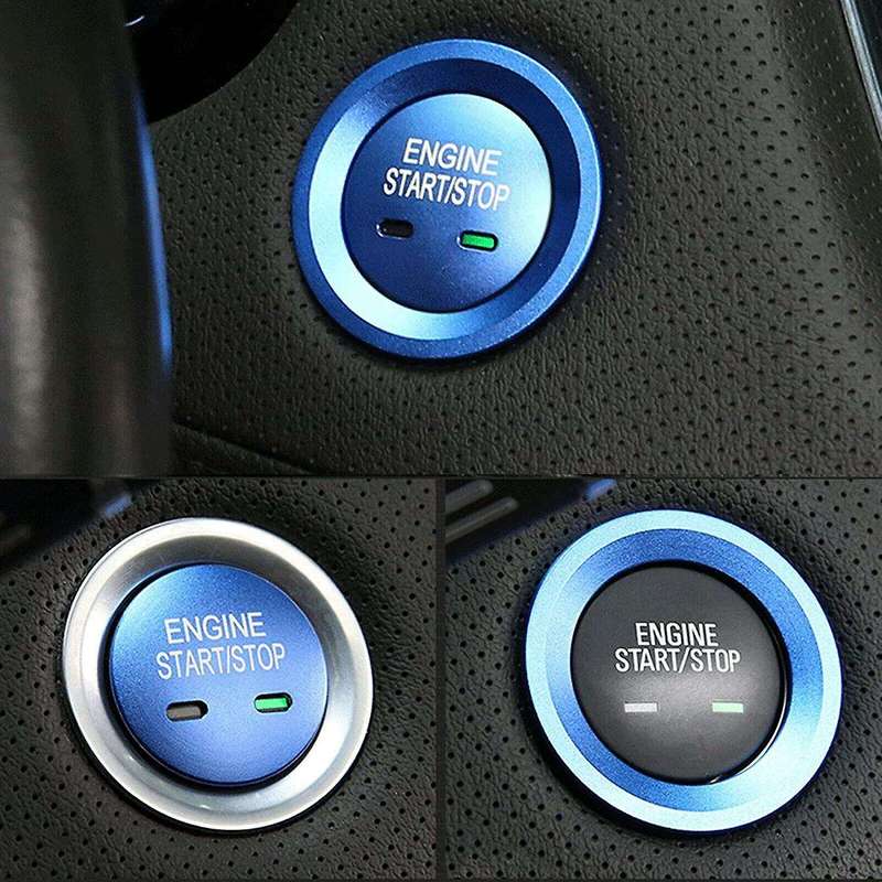 Blue Keyless Engine Start Stop Button Cap with Surrounding Trim Ring for