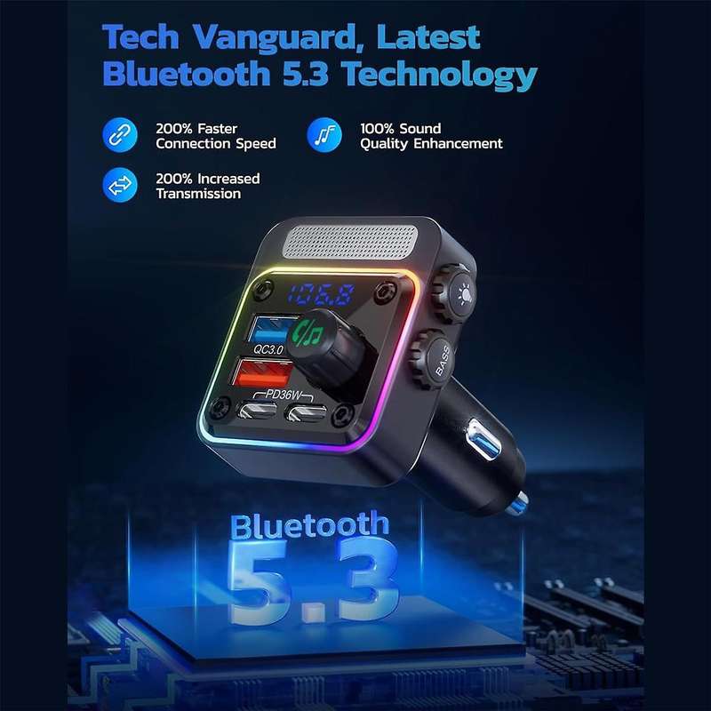 Bluetooth 5.3 Car Adapter with 4 Charging Ports 36W Wireless Radio FM Transmitter with Deep Bass Pla