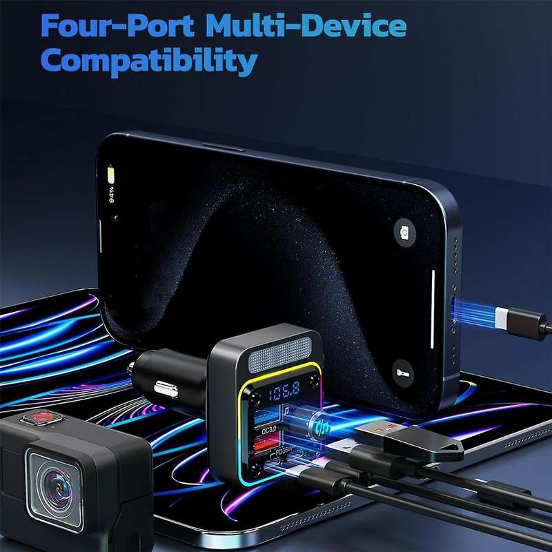 Bluetooth 5.3 Car Adapter with 4 Charging Ports 36W Wireless Radio FM Transmitter with Deep Bass Pla