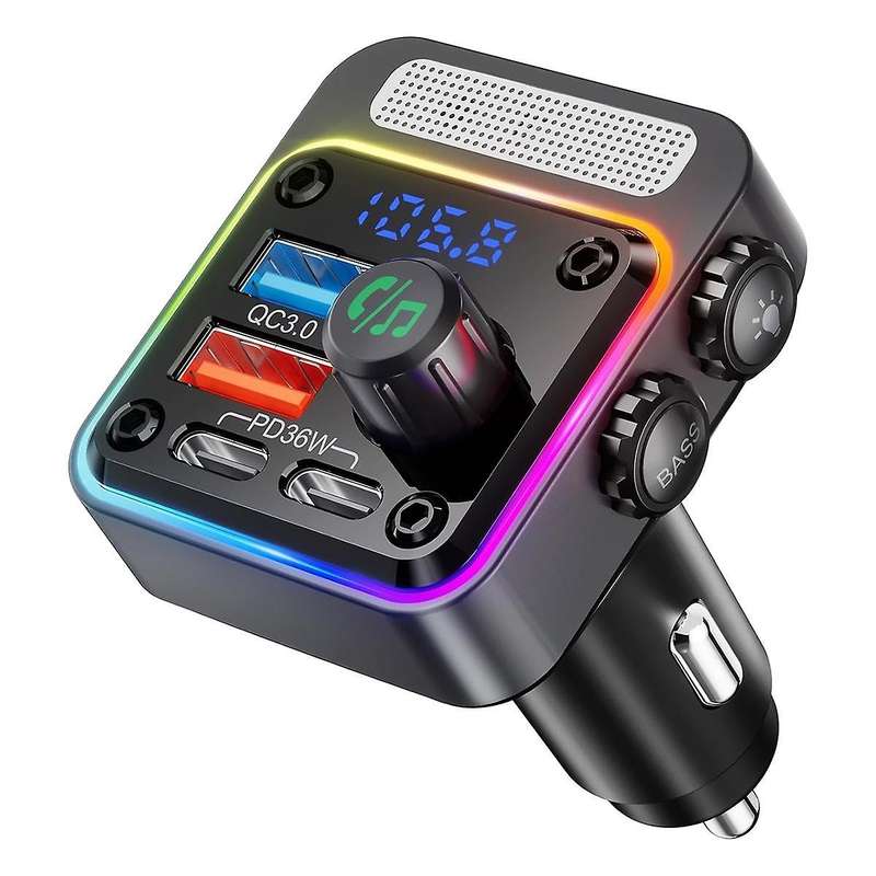 Bluetooth 5.3 Car Adapter with 4 Charging Ports 36W Wireless Radio FM Transmitter with Deep Bass Pla