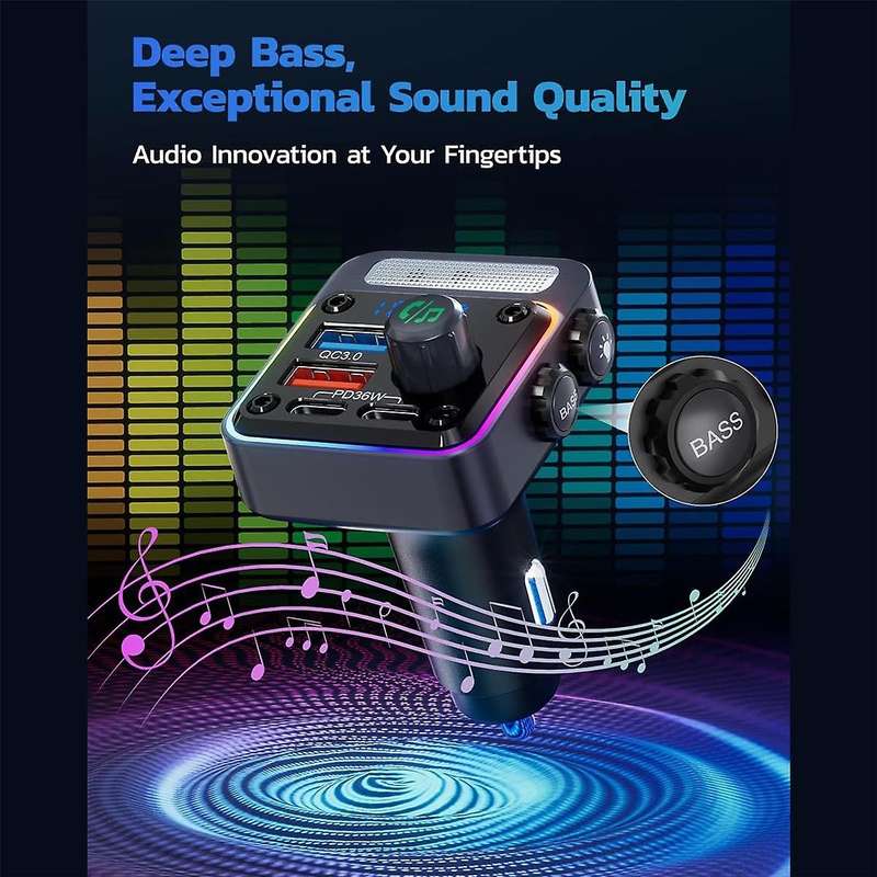 Bluetooth 5.3 Car Adapter with 4 Charging Ports 36W Wireless Radio FM Transmitter with Deep Bass Pla