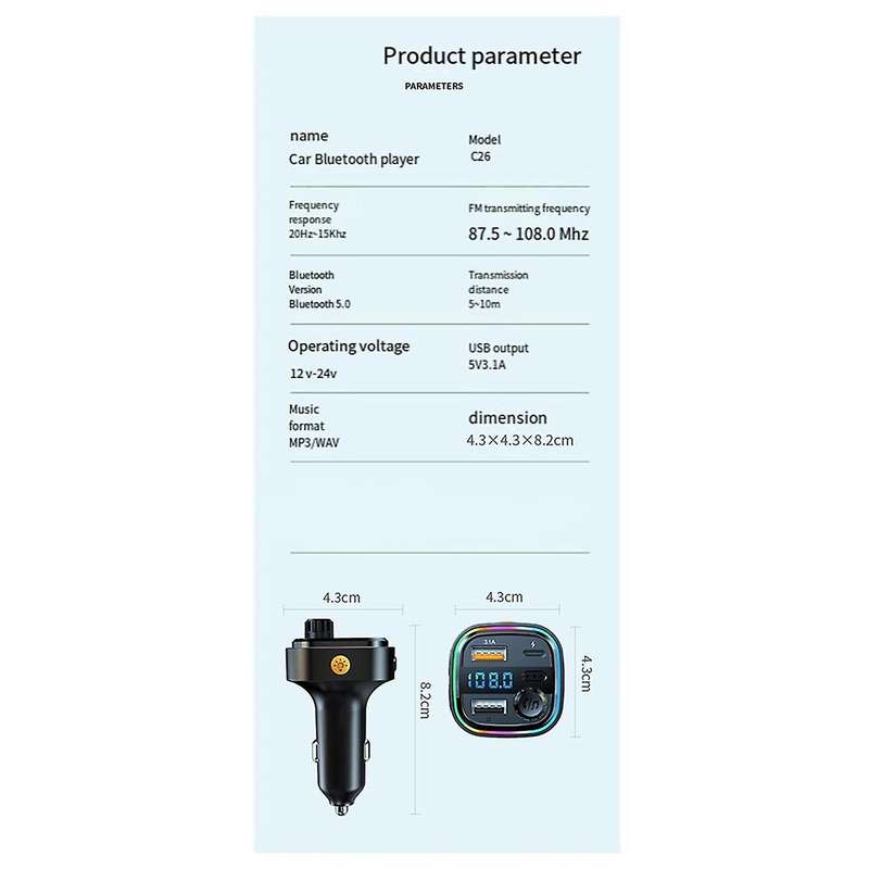 Bluetooth 5.0 FM Transmitter Car Radio Modulator MP3 Player with Colorful Atmosphere Breathing Light