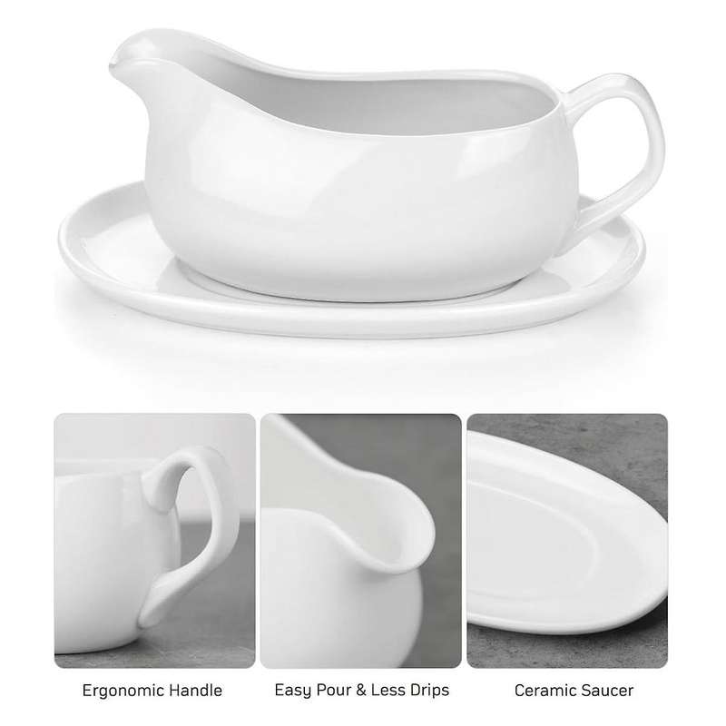 Boat and Saucer 14 Oz,ceramic Sauce Boat with Tray for Milk,warming Sauces,creamer,broth,white