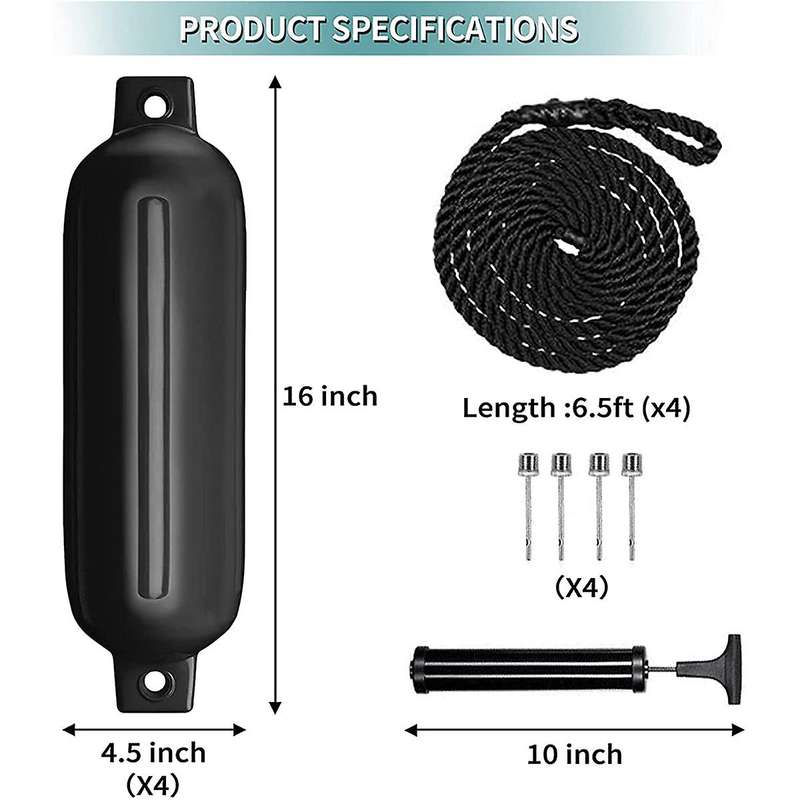 Boat Fenders 4 Pack 4.5x16 Inch Inflatable Ribbed Marine Boat with Lines 6.5 Ft Needles and Pump