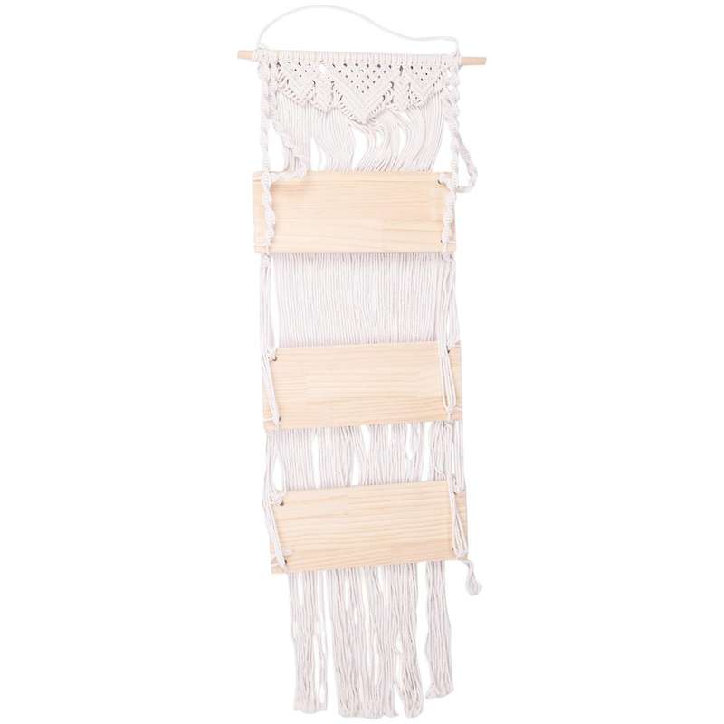 Boho Macrame Wall Hanging Shelf 3 Tier Handmade Woven Wood Organizer Shelves Wall Floating Hanger D