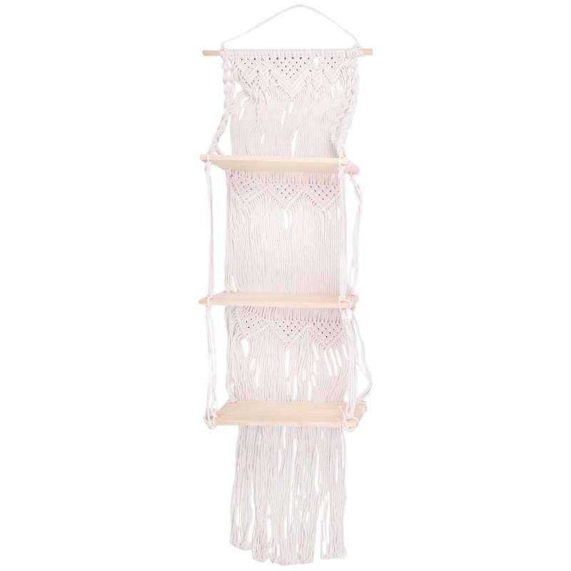 Boho Macrame Wall Hanging Shelf 3 Tier Handmade Woven Wood Organizer Shelves Wall Floating Hanger D