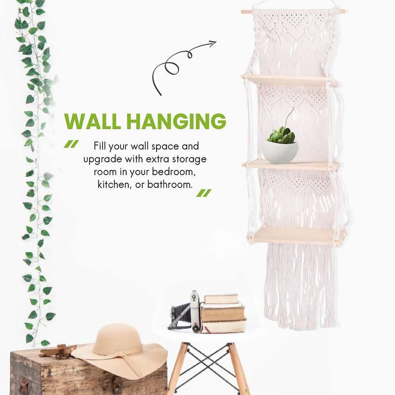 Boho Macrame Wall Hanging Shelf 3 Tier Handmade Woven Wood Organizer Shelves Wall Floating Hanger D