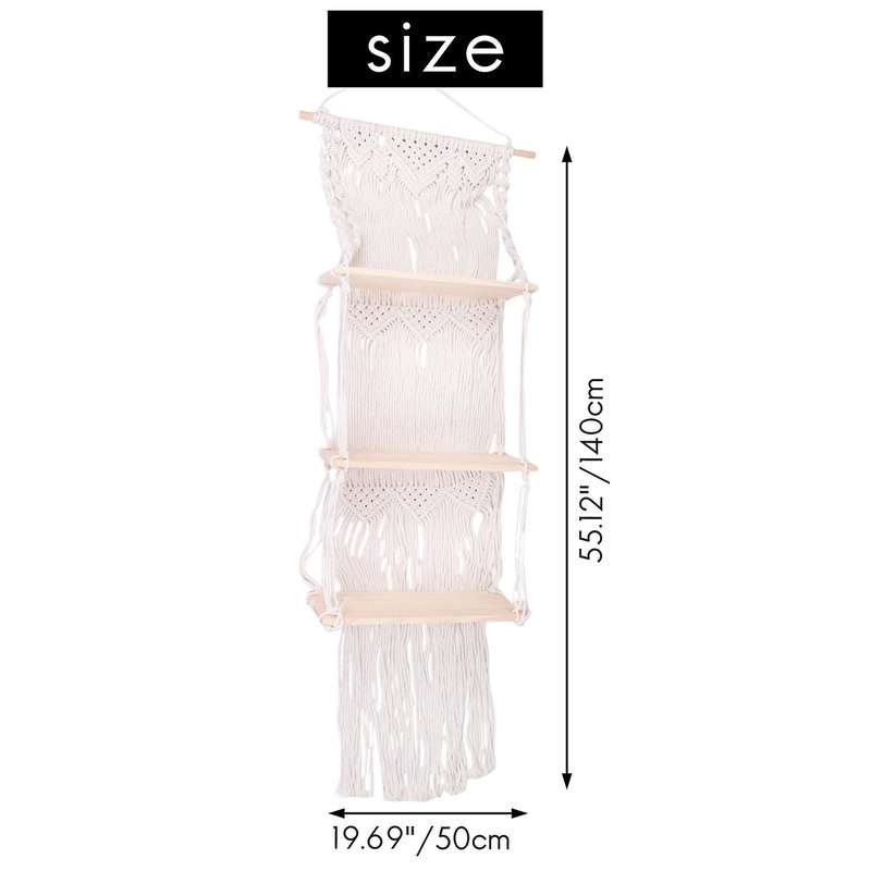 Boho Macrame Wall Hanging Shelf 3 Tier Handmade Woven Wood Organizer Shelves Wall Floating Hanger D
