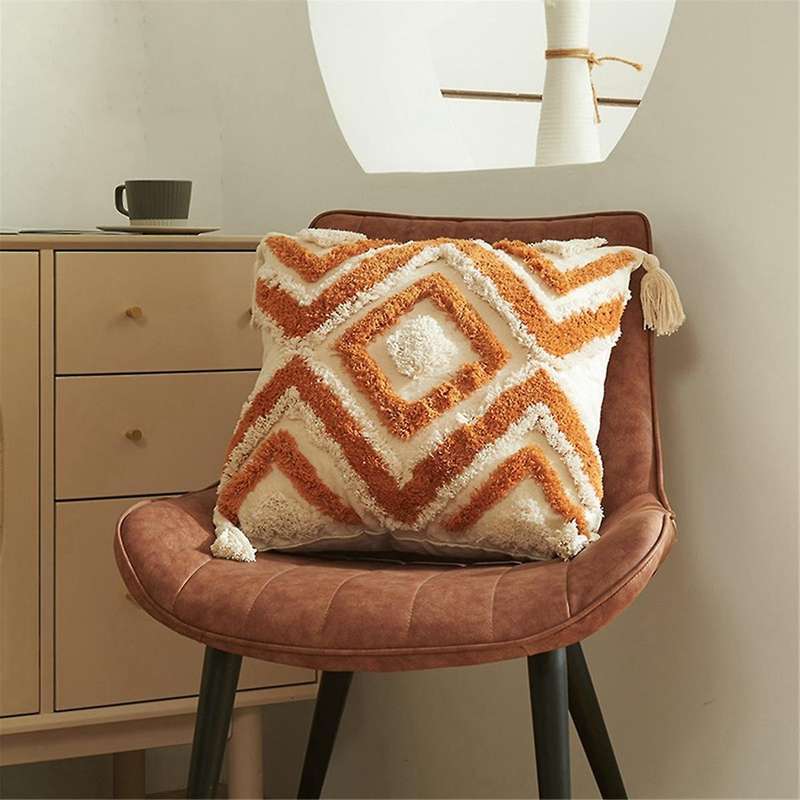 Boho Throw Pillow Cover 18x18 Farmhouse Decorative Pillow Cover Irregular Rhombic Lattice Tufted Dec