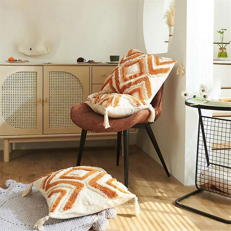 Boho Throw Pillow Cover 18x18 Farmhouse Decorative Pillow Cover Irregular Rhombic Lattice Tufted Dec