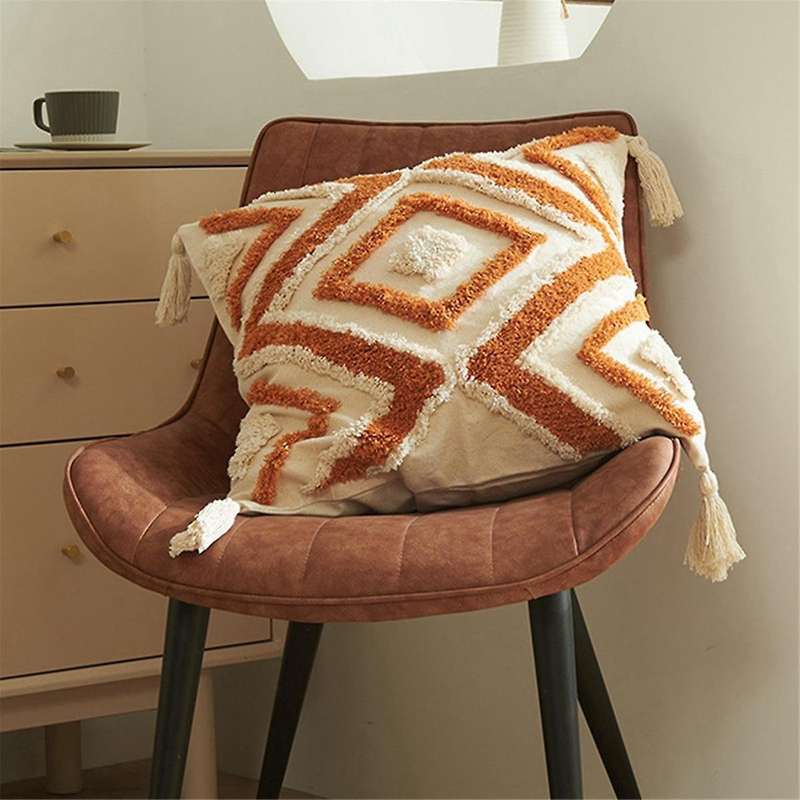 Boho Throw Pillow Cover 18x18 Farmhouse Decorative Pillow Cover Irregular Rhombic Lattice Tufted Dec