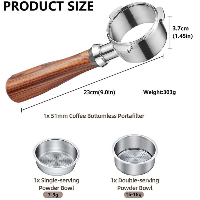 Bottomless Portafilter 51 Mm, 3 Ears Bottomless Porta Filter, with Two Powder Trays, Stainless Steel