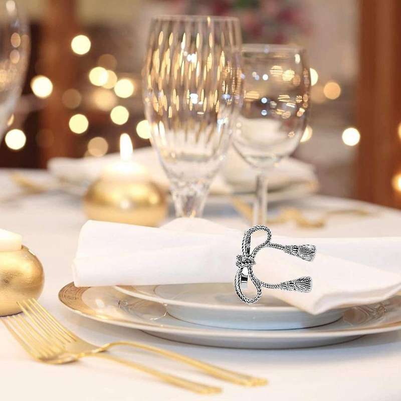 Bowknot Silver Leaf Napkin Rings Set of 6, Napkin Holder Ring for Birthday Party Festival Wedding T