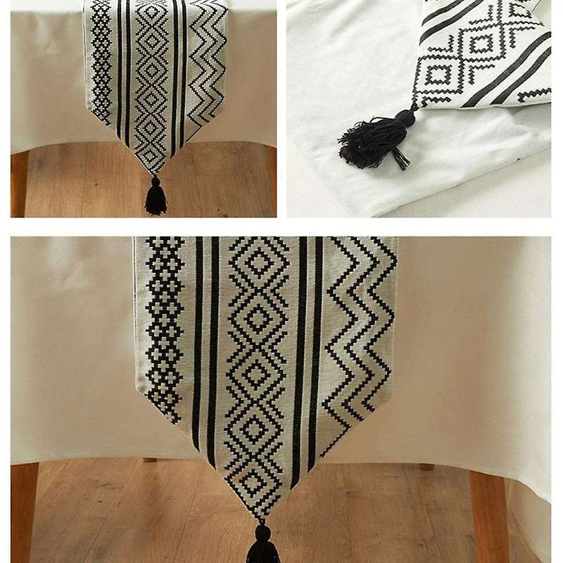 Braided Table Runner Set with Tassels, Black and White Table Runner Geometric Ta