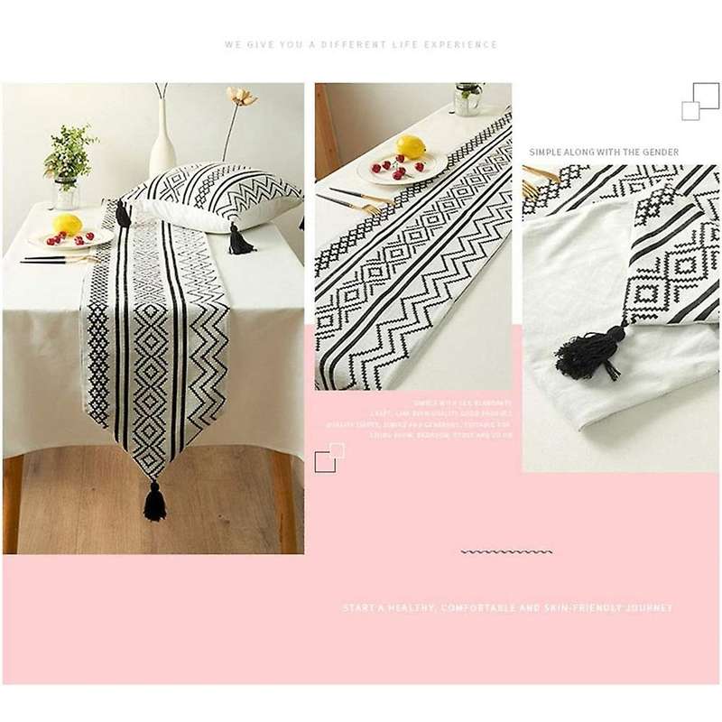 Braided Table Runner Set with Tassels, Black and White Table Runner Geometric Ta