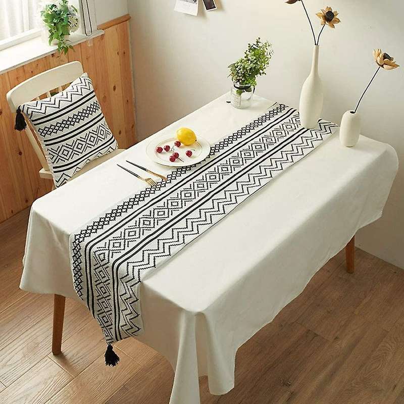 Braided Table Runner Set with Tassels, Black and White Table Runner Geometric Ta