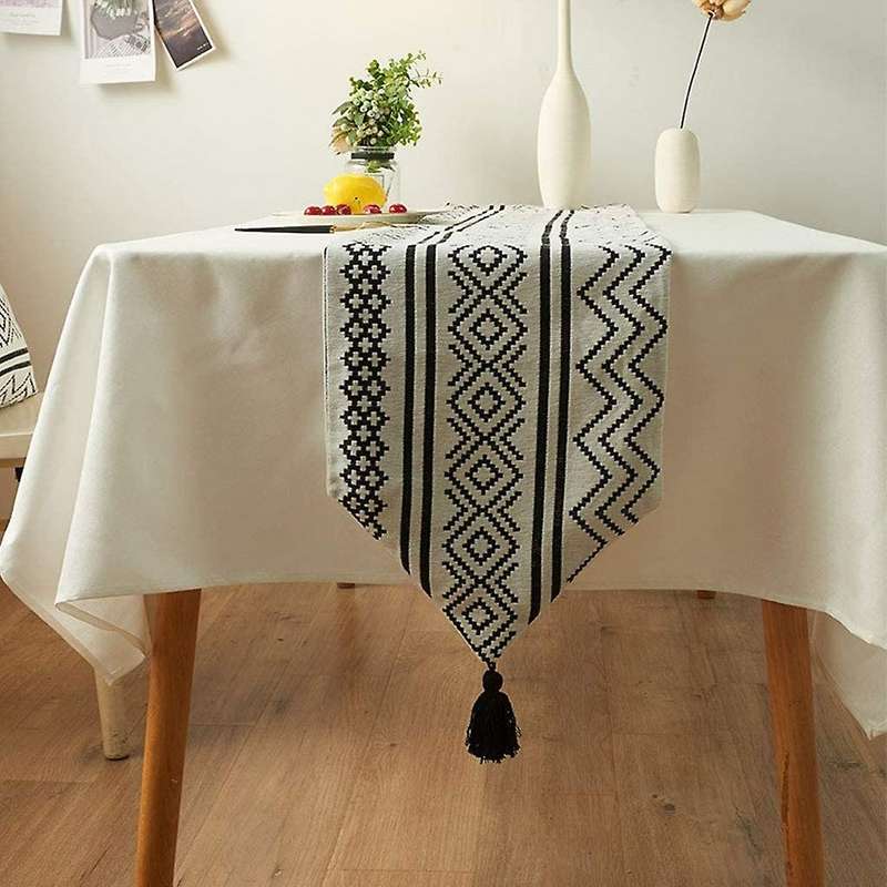Braided Table Runner Set with Tassels, Black and White Table Runner Geometric Ta