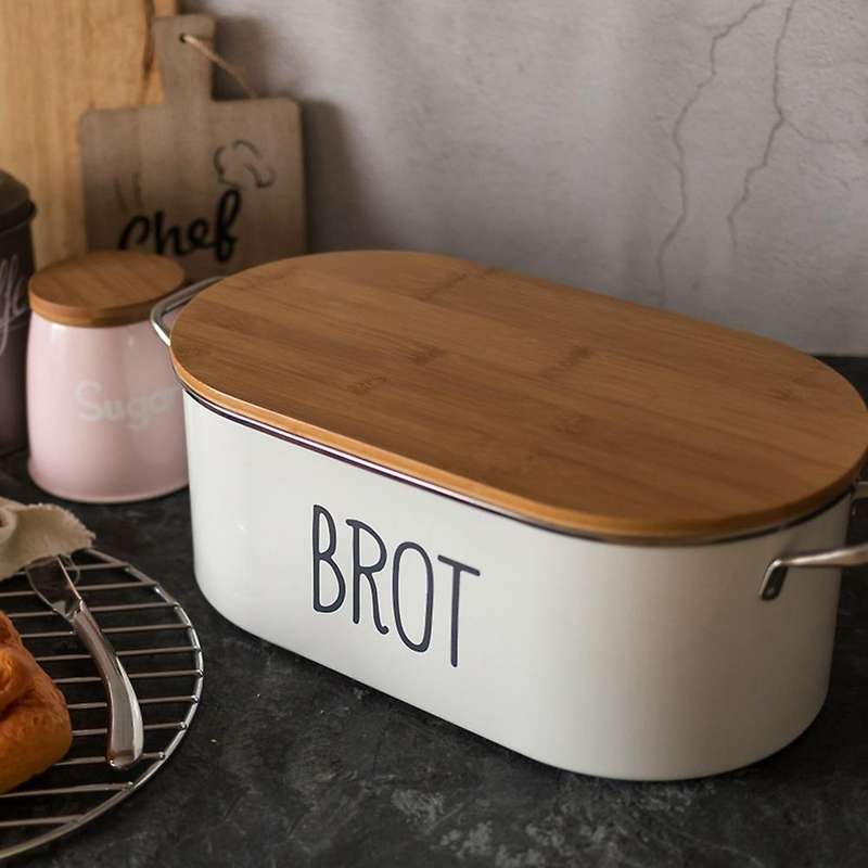 Bread Box Metal Bread Storage Box with Bamboo Cover As Cutting Board Kitchen Storage Container Suita