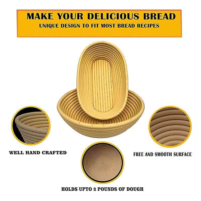 Bread Proofing Basket SET of 2 with Kit-Round and Ovel Bread Baking Bowl -Bread Lame- Dough Scraper