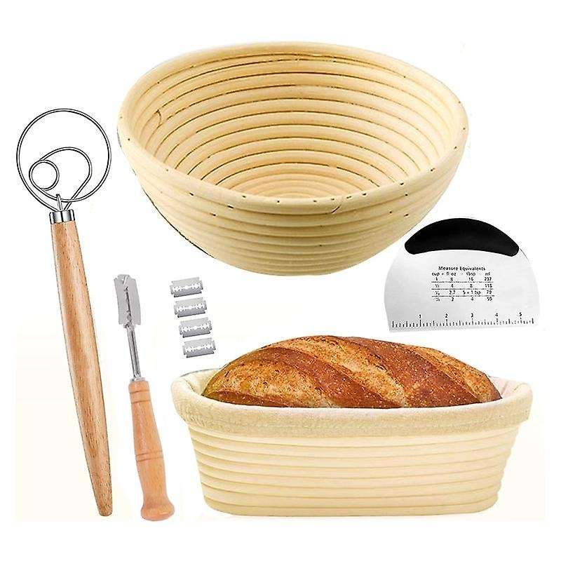Bread Proofing Basket SET of 2 with Kit-Round and Ovel Bread Baking Bowl -Bread Lame- Dough Scraper