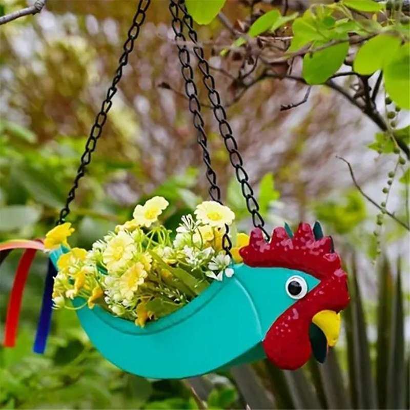 Bright Colorful Chicken Hanging Planter Yard Decor Hanging Planter for Indoor Outdoor Decor, Plant H