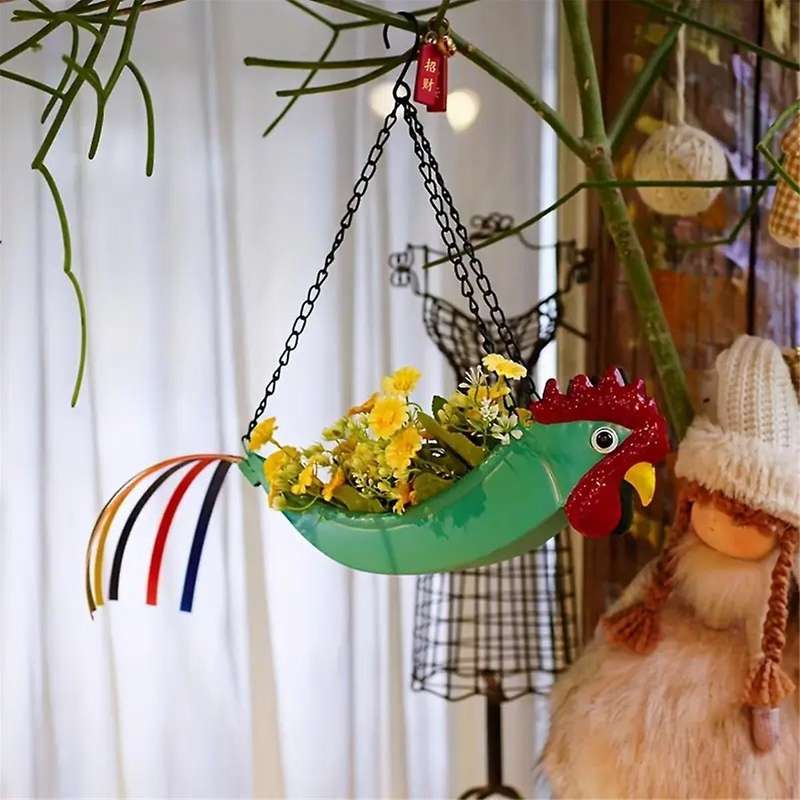 Bright Colorful Chicken Hanging Planter Yard Decor Hanging Planter for Indoor Outdoor Decor, Plant H