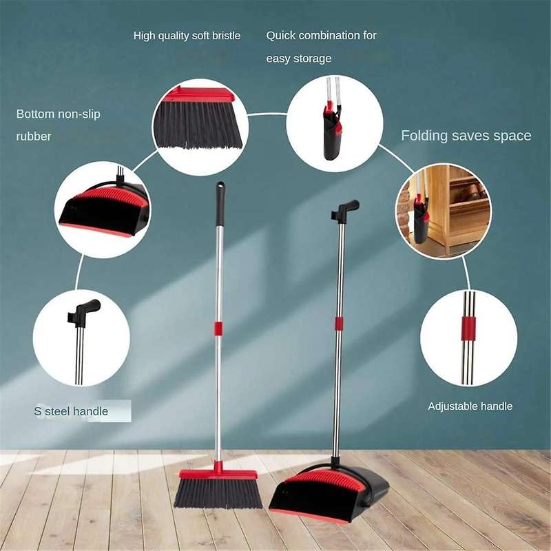 Broom and Dustpan Set Self-Cleaning with Dustpan Teeth Indoor&Outdoor Sweeping for Pets Home Garbage