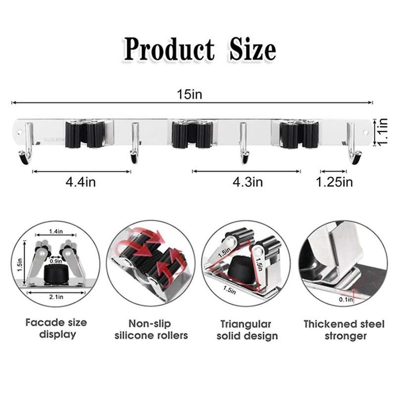 Broom Organizer Storage Tool Racks Stainless Steel Heavy Duty Hooks Self Adhesive Solid Non-