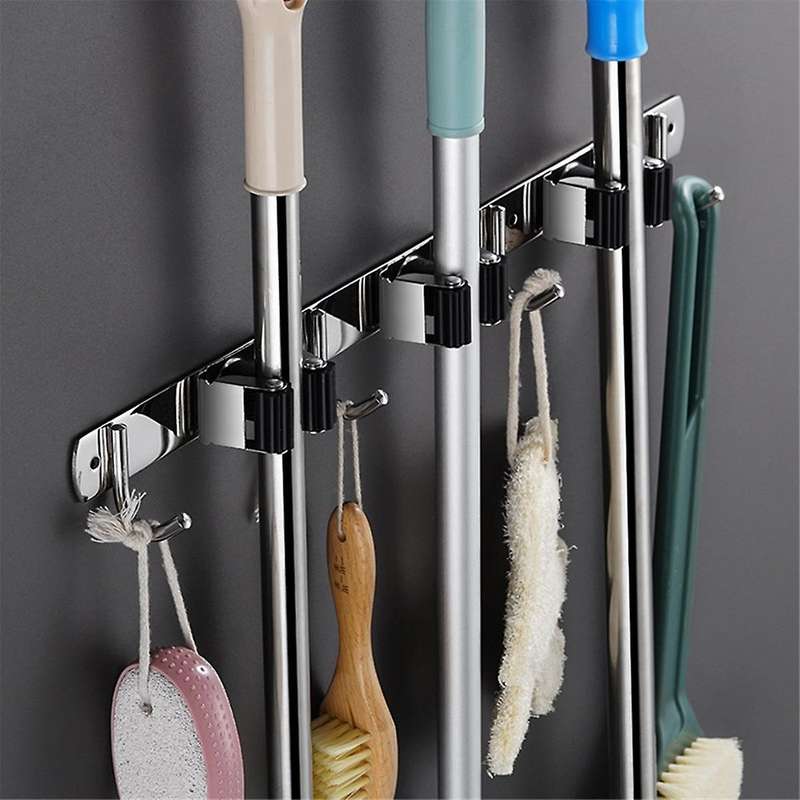 Broom Organizer Storage Tool Racks Stainless Steel Heavy Duty Hooks Self Adhesive Solid Non-