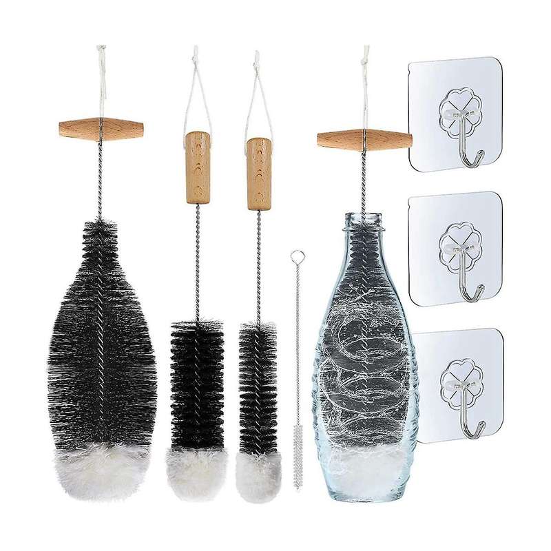 Brush Cleaning Brush, Pack Of 4 Brushes and 3 Organising Hooks Cleaner for Washing Narrow Necks