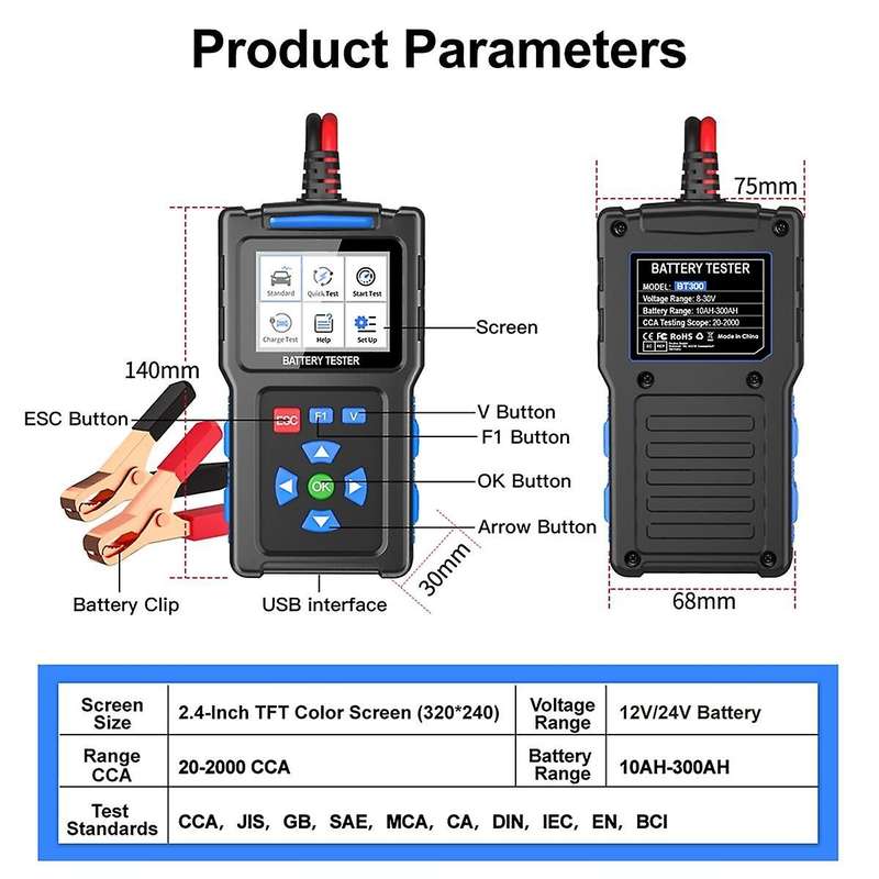 BT300 Car Battery Tester Car Battery Tool System Detect Auto Battery Analyzer 12V 24V Car Battery Fa