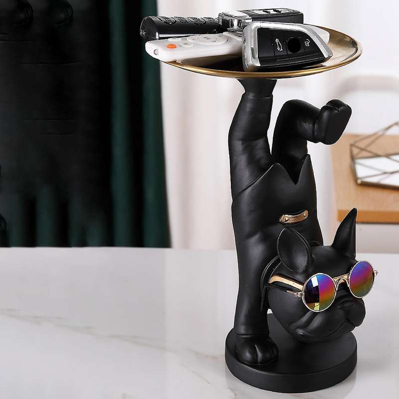 Bulldog Fruit Dish Desktop Metal Tray French Bulldog Sculpture Animals Figurines Room Table Decor Bl
