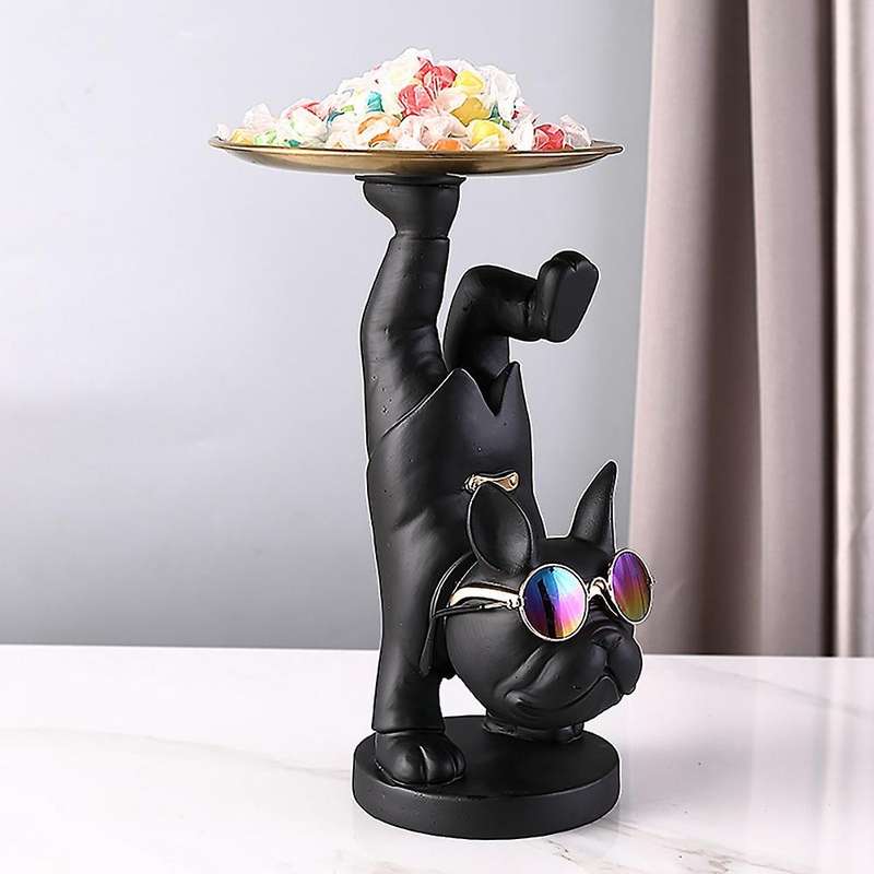 Bulldog Fruit Dish Desktop Metal Tray French Bulldog Sculpture Animals Figurines Room Table Decor Bl