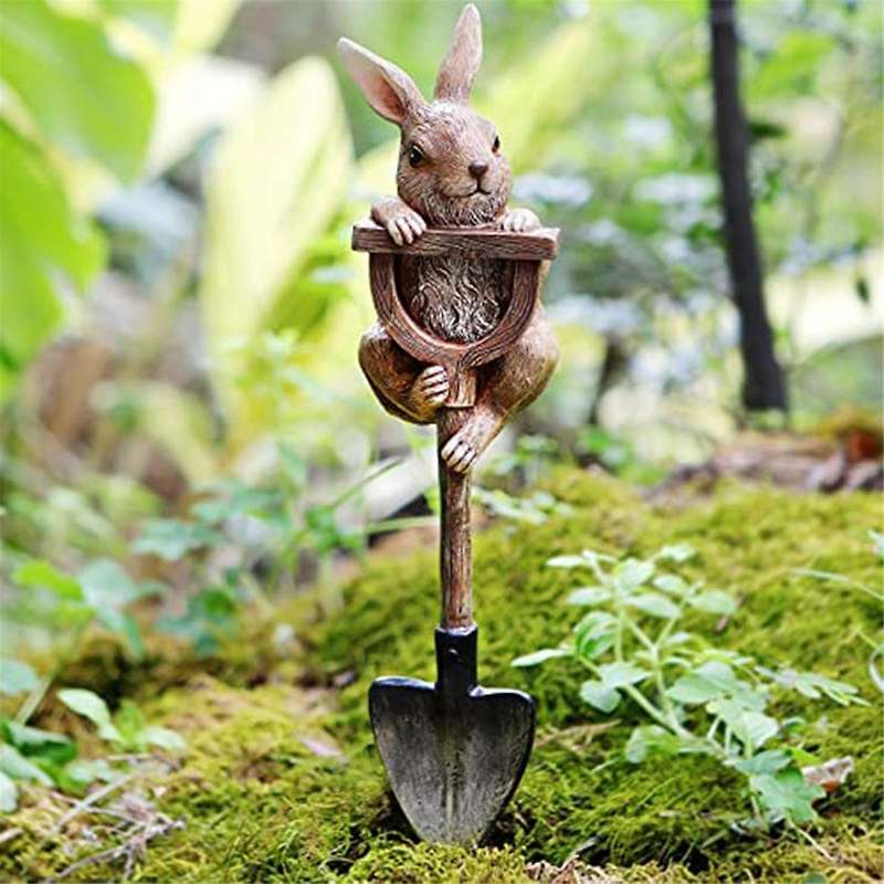 Bunny Statue Whimsical Garden Decor for Outside, Resin Bunny Rabbit Figurine on Shovel, Outdoor Lawn