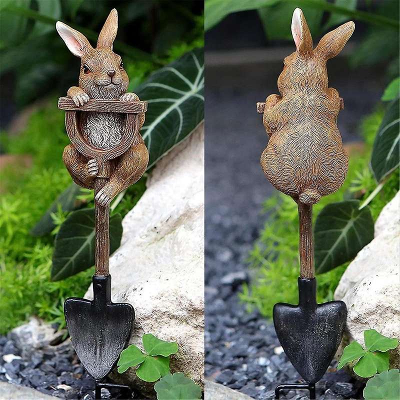 Bunny Statue Whimsical Garden Decor for Outside, Resin Bunny Rabbit Figurine on Shovel, Outdoor Lawn