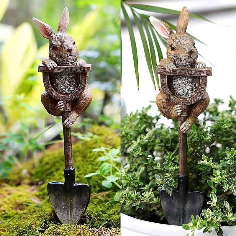 Bunny Statue Whimsical Garden Decor for Outside, Resin Bunny Rabbit Figurine on Shovel, Outdoor Lawn