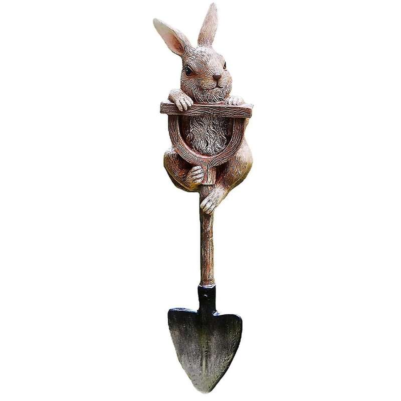 Bunny Statue Whimsical Garden Decor for Outside, Resin Bunny Rabbit Figurine on Shovel, Outdoor Lawn