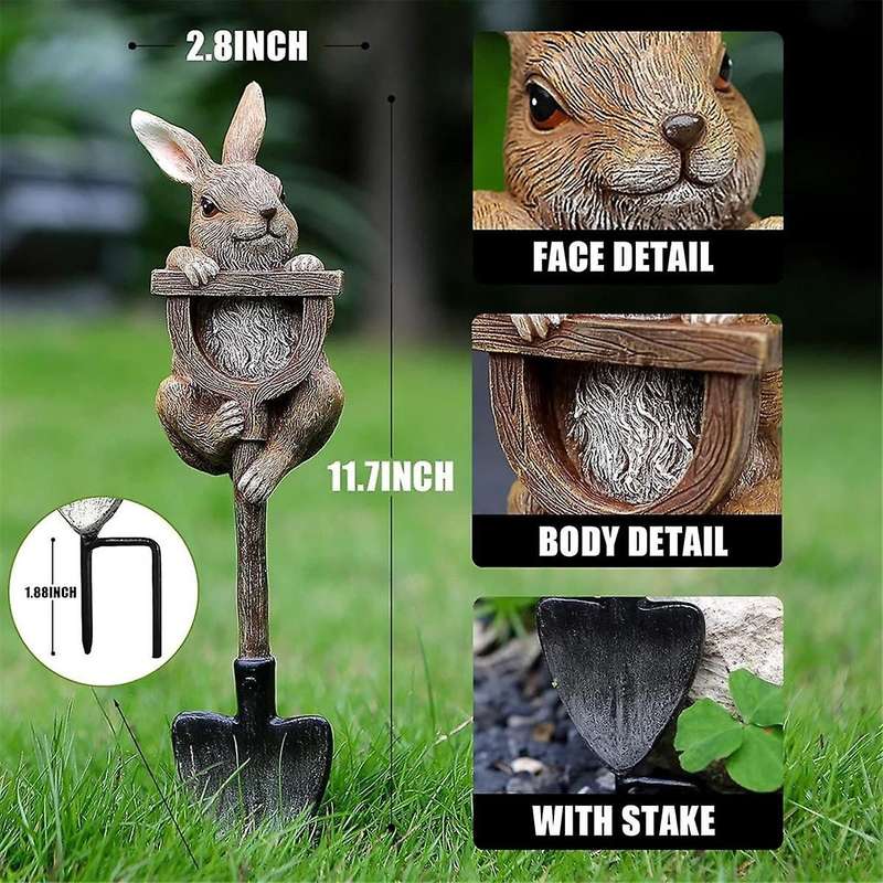 Bunny Statue Whimsical Garden Decor for Outside, Resin Bunny Rabbit Figurine on Shovel, Outdoor Lawn