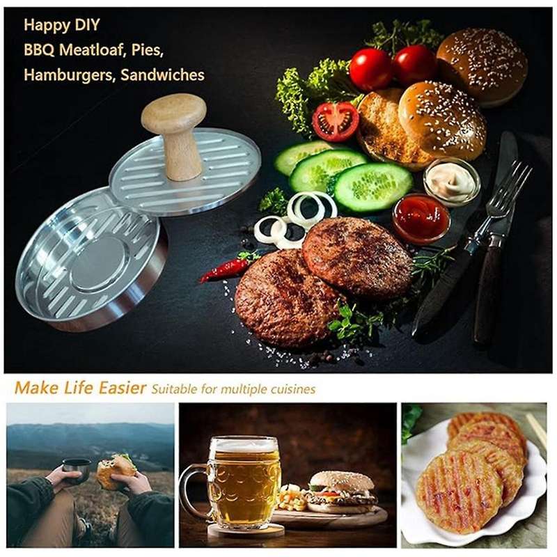 Burger Press 5 Inch Heavy Duty Stainless Steel Hamburger Patty Maker with Wooden Handle