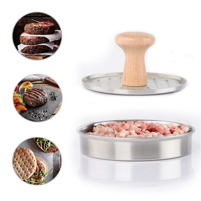 Burger Press 5 Inch Heavy Duty Stainless Steel Hamburger Patty Maker with Wooden Handle