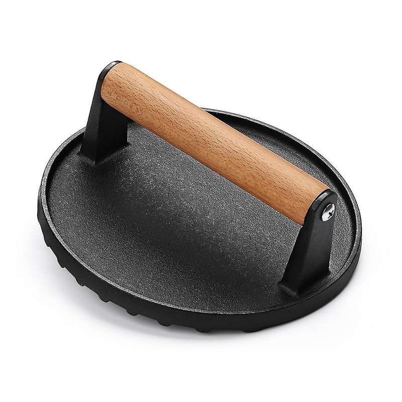 Burger Press 7Inch Round Cast Iron Smash Bacon Press Meat Steak with Wood Handle for Griddle, Sandwi