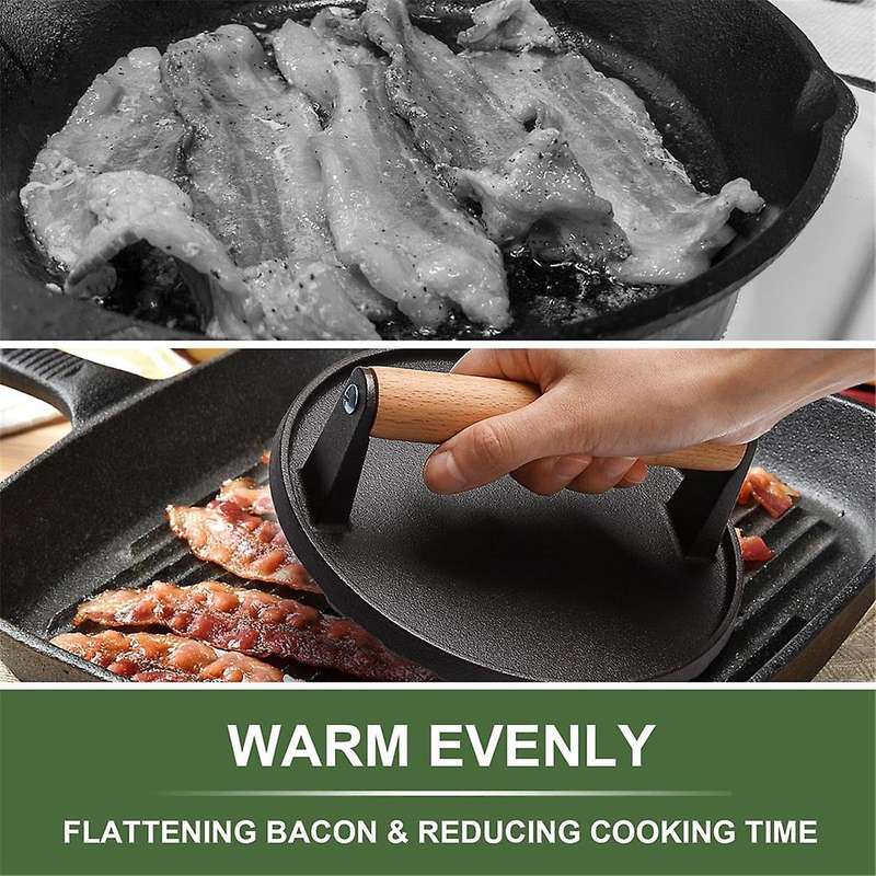 Burger Press 7Inch Round Cast Iron Smash Bacon Press Meat Steak with Wood Handle for Griddle, Sandwi