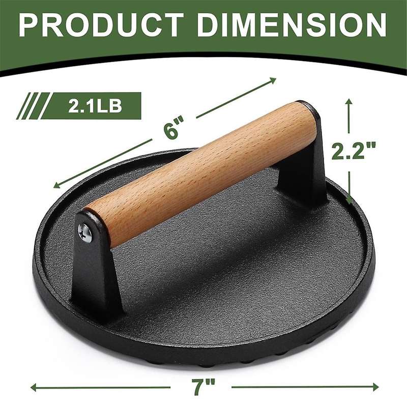 Burger Press 7Inch Round Cast Iron Smash Bacon Press Meat Steak with Wood Handle for Griddle, Sandwi