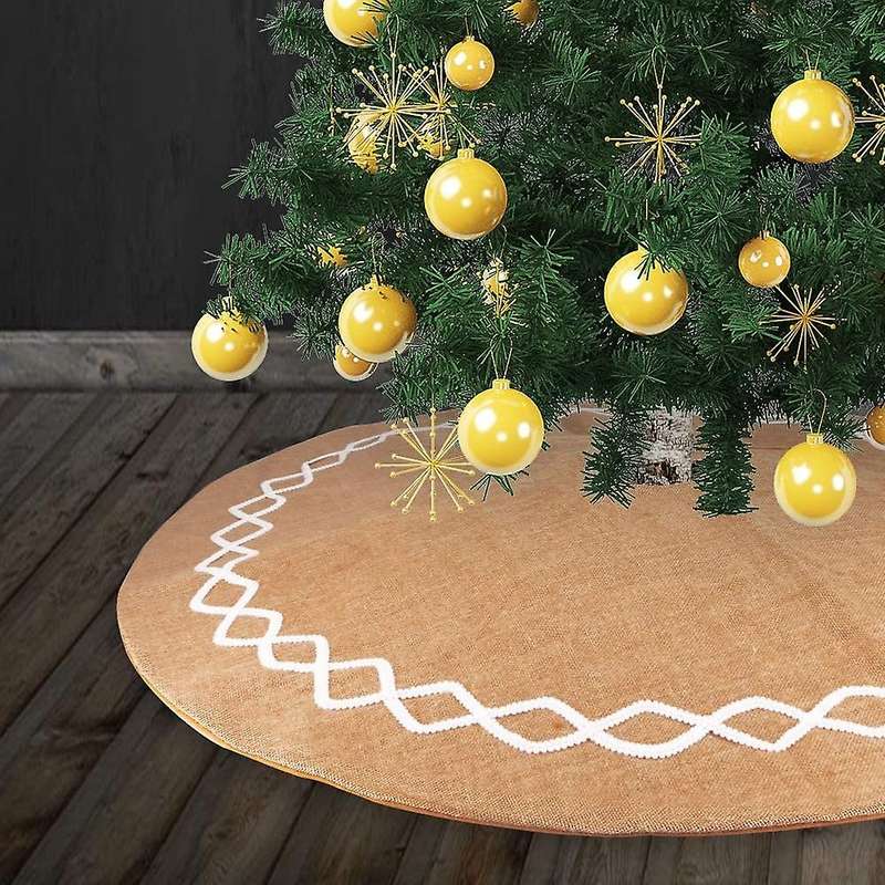 Burlap Christmas Tree Skirt,with Hand- White Lace Decor, Christmas Decorations Indoor(double Layer D