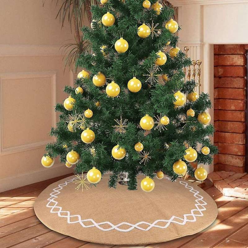 Burlap Christmas Tree Skirt,with Hand- White Lace Decor, Christmas Decorations Indoor(double Layer D
