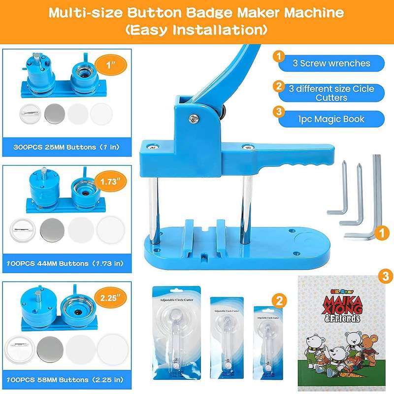 Button Maker Machine 25/44/58mm Badge Pin Press Machine for Kids with 500 Sets Button Making Supplie