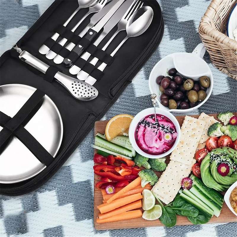 Camping Silverware Kit Cutlery Organizer Utensil Picnic Set Plate Spoon Knife Fork Tongs Hiking