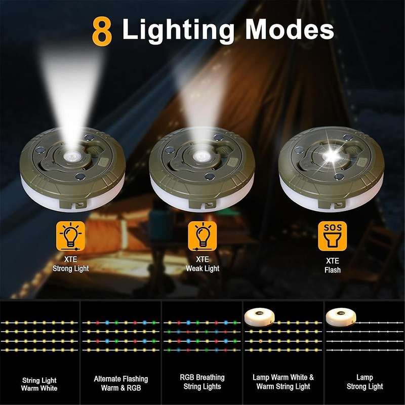 Camping String Lights, IP44 Waterproof 33Ft Outdoor String Lights with RGB Colorful & Warm White Lig